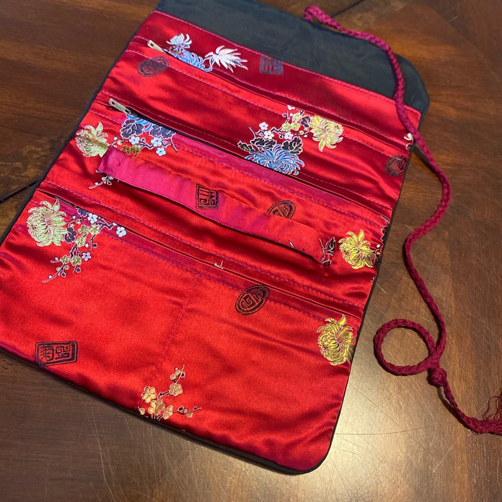 Red Embroidered Satin Fold-Over Cosmetic/Jewelry Pouch with Braided Tie - Picture 6 of 9